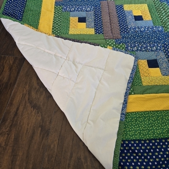 Handmade Patchwork Quilt Tumbling Blocks Blue Green Yellow Full Twin Lap Blanket - Picture 4 of 8